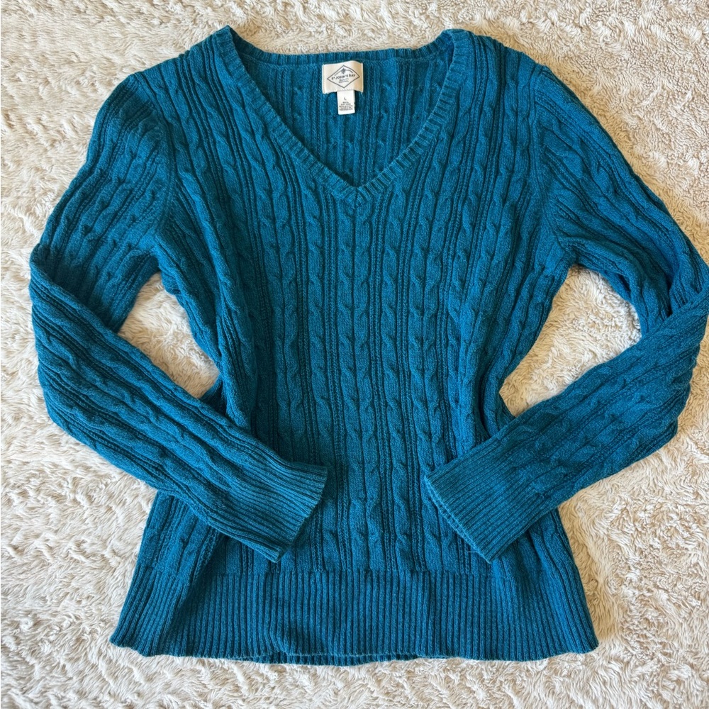 Vibrant blue cable knit sweater with v neck